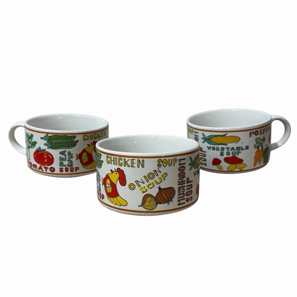 Vintage Soup Bowl Handled Mug Vegetable Onion Mushroom Chicken Kitchy‎ Set Of 3